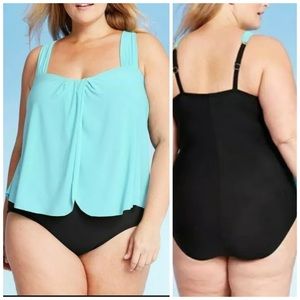 16W 18W Aqua Green Drape Front One Piece Swimsuit Plus Size